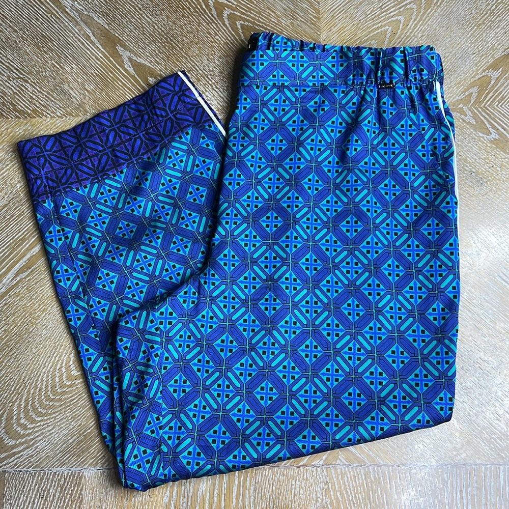 ST. JOHN Purple/Green Print Silk Pull-On Crop Pant XL
